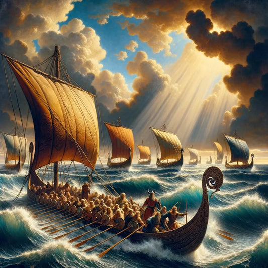 Viking longships with dragon prows sailing across choppy seas, depicting adventurous Norse explorers and their seafaring skills, styled like 1960s historical film classics.