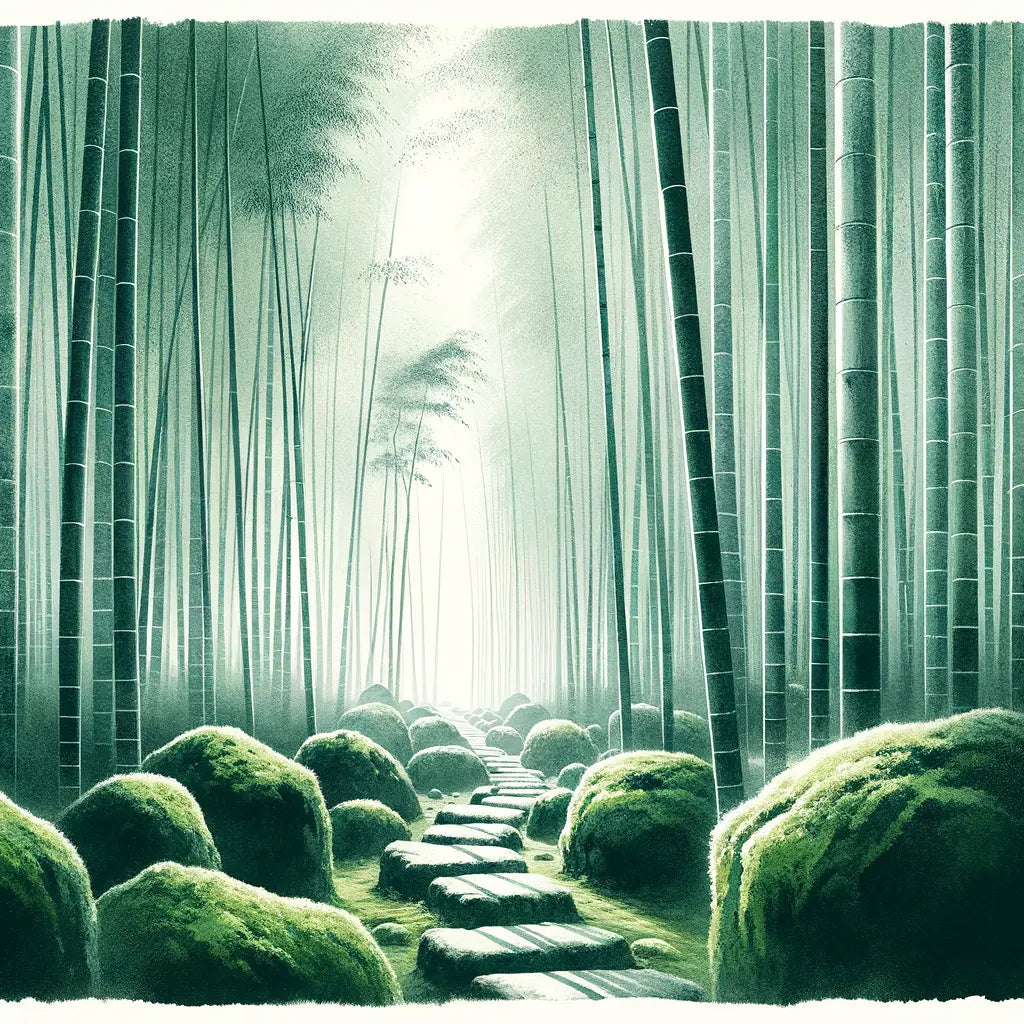 Ein minimalistisches japanisches Waldbild zeigt einen Bambuswald mit weichem Morgennebel und moosbedeckten Steinen entlang eines sanften Pfades — ruhig, traditionell und harmonisch inspiriert.