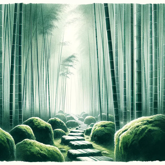 Ein minimalistisches japanisches Waldbild zeigt einen Bambuswald mit weichem Morgennebel und moosbedeckten Steinen entlang eines sanften Pfades — ruhig, traditionell und harmonisch inspiriert.