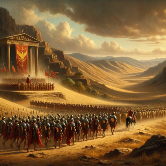 Roman soldiers in formation with a legion marching on a battlefield, inspired by 1960s historical epic films.
