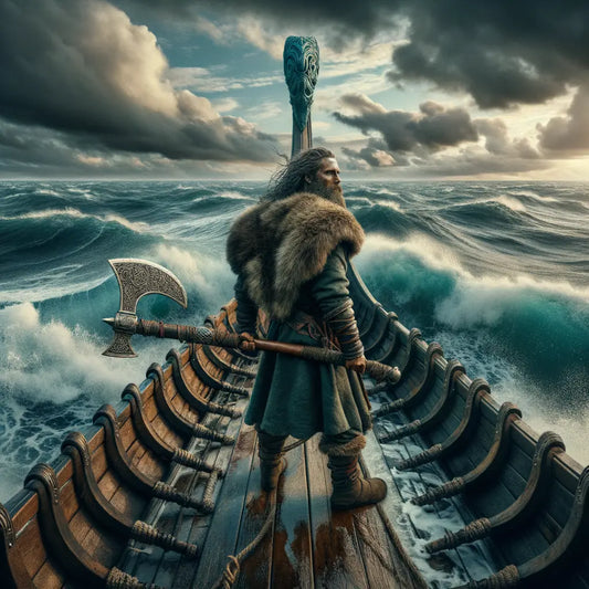Viking warrior with a bearded axe aboard a longship on a vast ocean, capturing Viking strength and craftsmanship in a cinematic style.