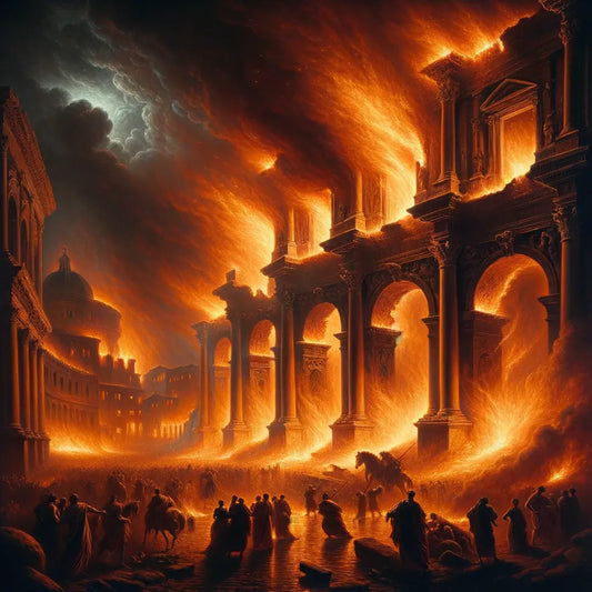 A cinematic depiction of the Great Fire of Rome, with flames engulfing ancient structures and citizens fleeing, inspired by 1960s historical films.
