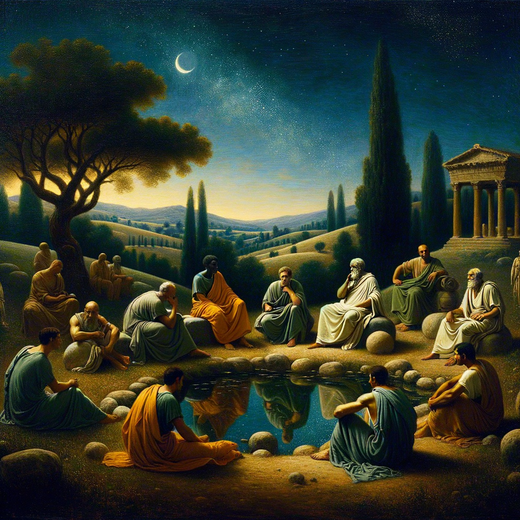 Roman philosophers in togas under a clear starry night, symbolizing Stoic calm and order, in a 1960s historical film style.