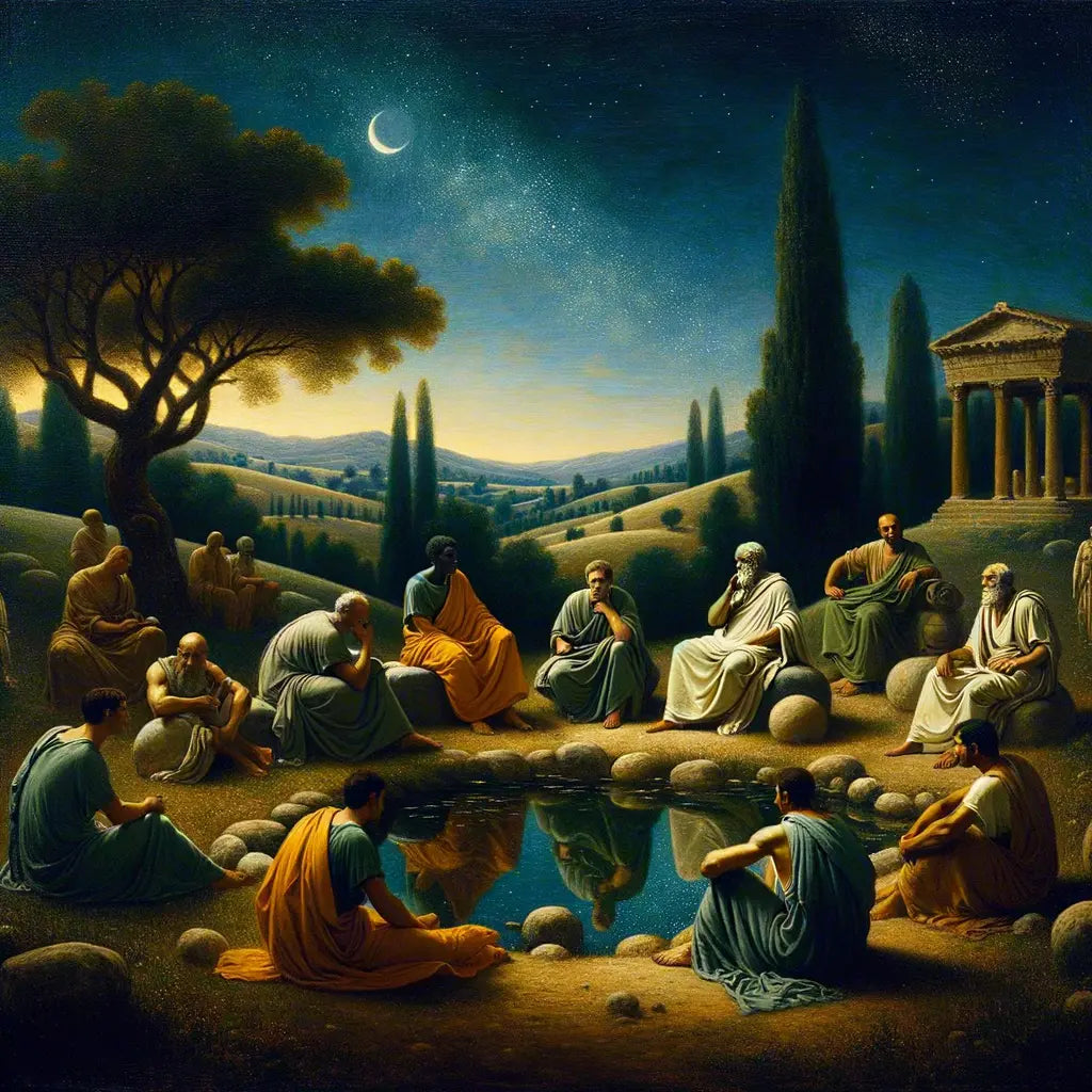 Roman philosophers in togas under a clear starry night, symbolizing Stoic calm and order, in a 1960s historical film style.