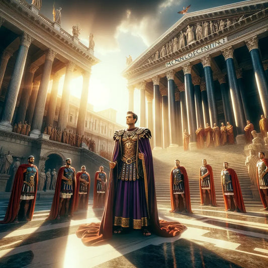 A Roman emperor standing before the Senate, with legionaries in the background, evoking classic 1960s historical film style.