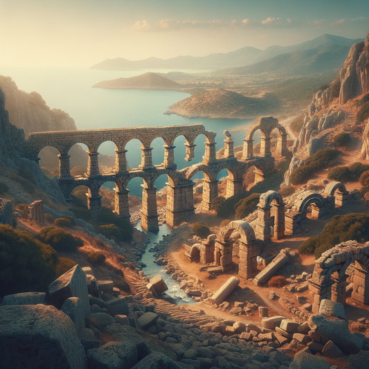 Aerial view of ancient Minoan aqueduct ruins in Crete, set against dramatic landscapes and blue sea, in a style reminiscent of 1960s historical epics.