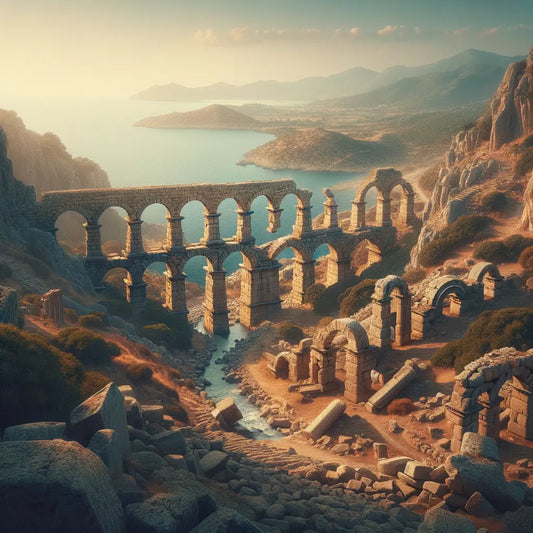Aerial view of ancient Minoan aqueduct ruins in Crete, set against dramatic landscapes and blue sea, in a style reminiscent of 1960s historical epics.