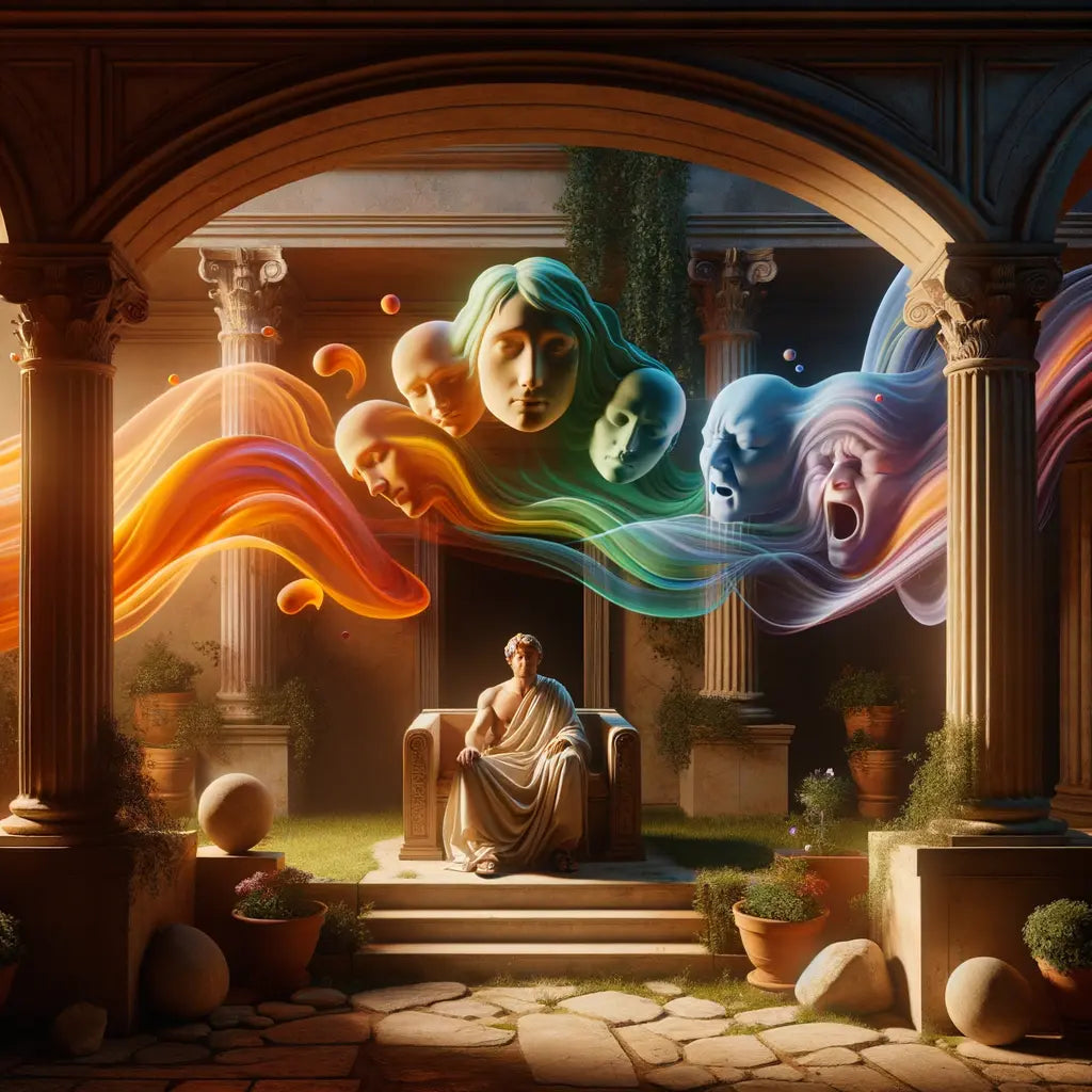 Ancient stoic philosopher seated calmly in a garden, surrounded by colorful, translucent waves of emotions, in a style inspired by classic 1960s historical films.