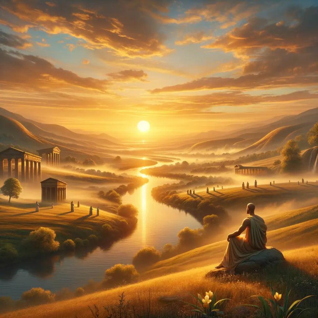A serene Roman landscape at sunrise with Stoic figures contemplating by a river, inspired by Cleanthes' philosophy and styled like a 1960s historical epic.