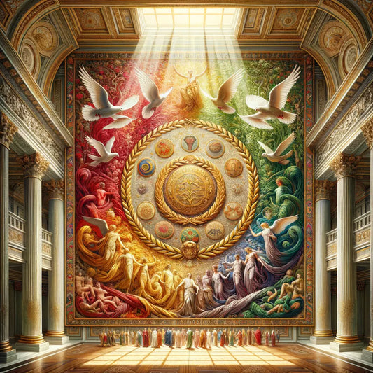 Roman-style tapestry in a grand hall with vibrant colors representing life's themes of love, acceptance, and friendship.