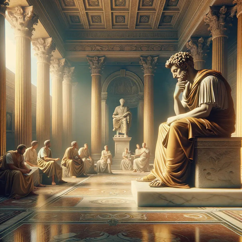 Marcus Aurelius in thoughtful meditation, surrounded by ancient Roman architecture in a 1960s historical epic style.