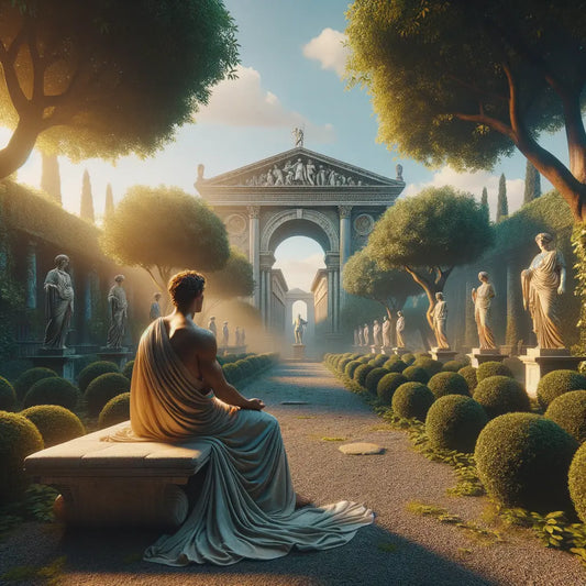 A peaceful Roman park with a person meditating on a stone bench, inspired by Stoic philosophy and reminiscent of 1960s historical films.