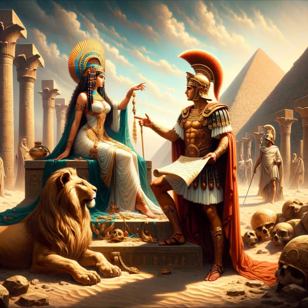 Cleopatra and Julius Caesar in a majestic setting blending Egyptian and Roman elements, reflecting romance, power, and strategy, inspired by 1960s historical epics.
