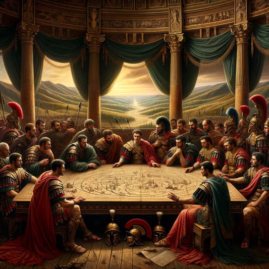 Roman generals studying ancient scrolls in a tent, symbolizing their analysis of Alexander the Great's strategies, inspired by 1960s historical film aesthetics.