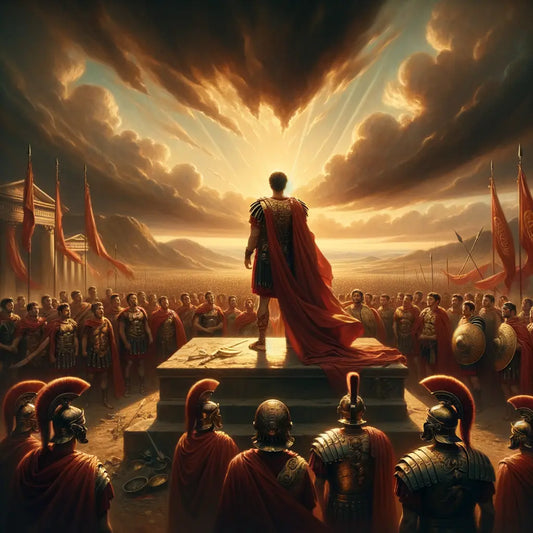 Julius Caesar majestically addresses his legions on a Roman battlefield under a dramatic sky, reminiscent of a 1960s historical epic film.