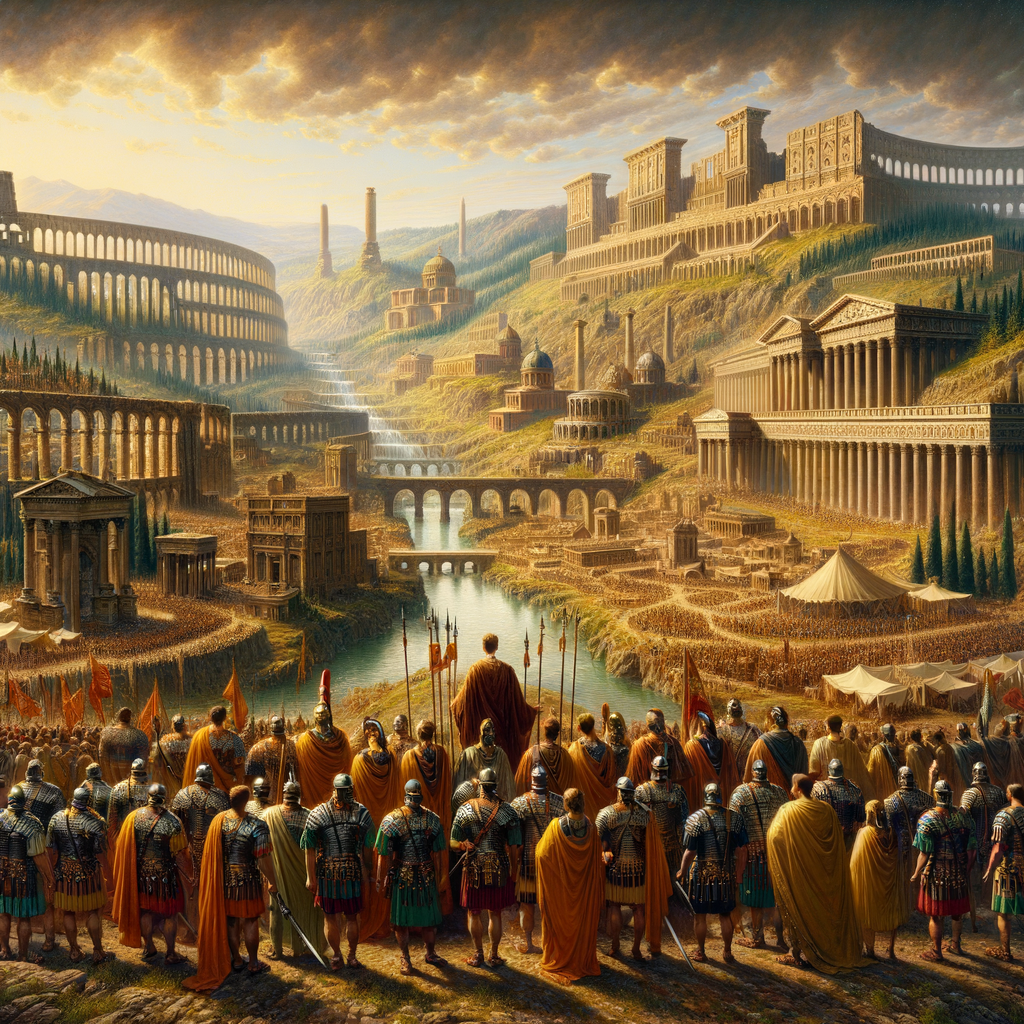 Roman soldiers and architectural landmarks depicting the expansive influence of the Roman Empire in a 1960s historical film style.