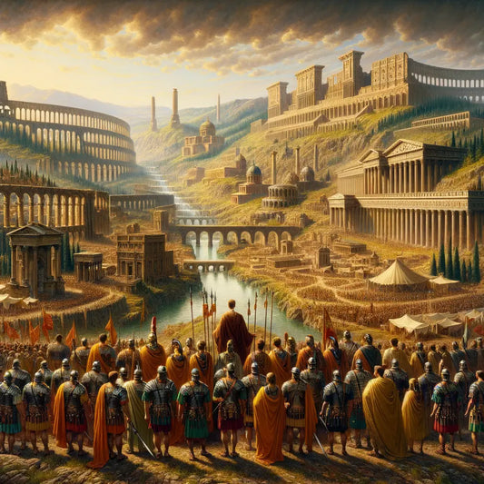 Roman soldiers and architectural landmarks depicting the expansive influence of the Roman Empire in a 1960s historical film style.