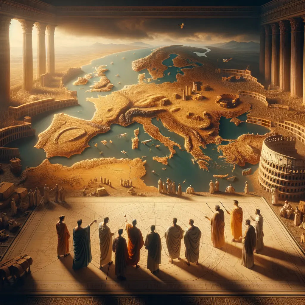 A cinematic painting of ancient Rome at its height, featuring a map with highlighted territories, the Colosseum, and Roman roads, evoking 1960s historical epic aesthetics.
