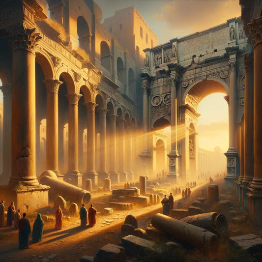 Ancient Roman ruins at dawn, with monumental arches and columns bathed in golden morning light, evoking mystery and grandeur in a cinematic style.