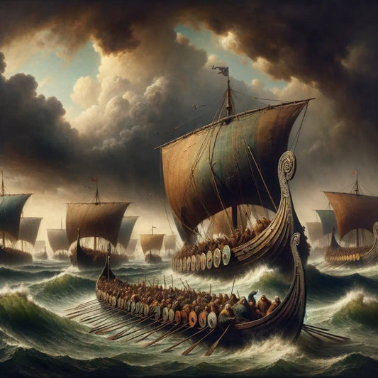 Viking longships sailing under a stormy sky, ready for a raid, in a dramatic style inspired by classic historical films of the 1960s.