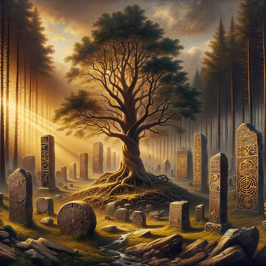 Artistic depiction of a Germanic linguistic tree with ancient runes and manuscripts, in a cinematic 1960s historical epic style.