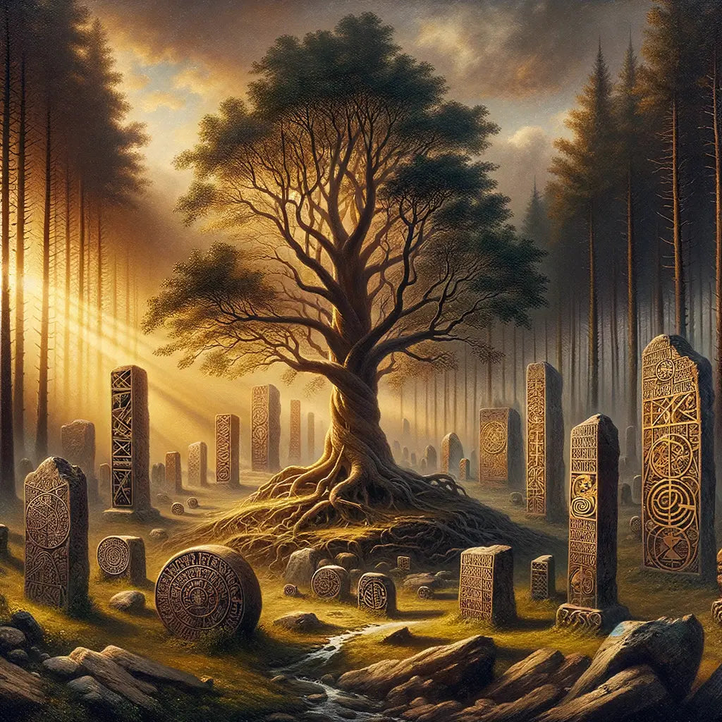 Artistic depiction of a Germanic linguistic tree with ancient runes and manuscripts, in a cinematic 1960s historical epic style.