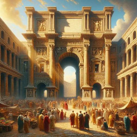 Stone entrance of Mamertine Prison amidst ancient Roman architecture and bustling markets, in a style reminiscent of 1960s historical films.