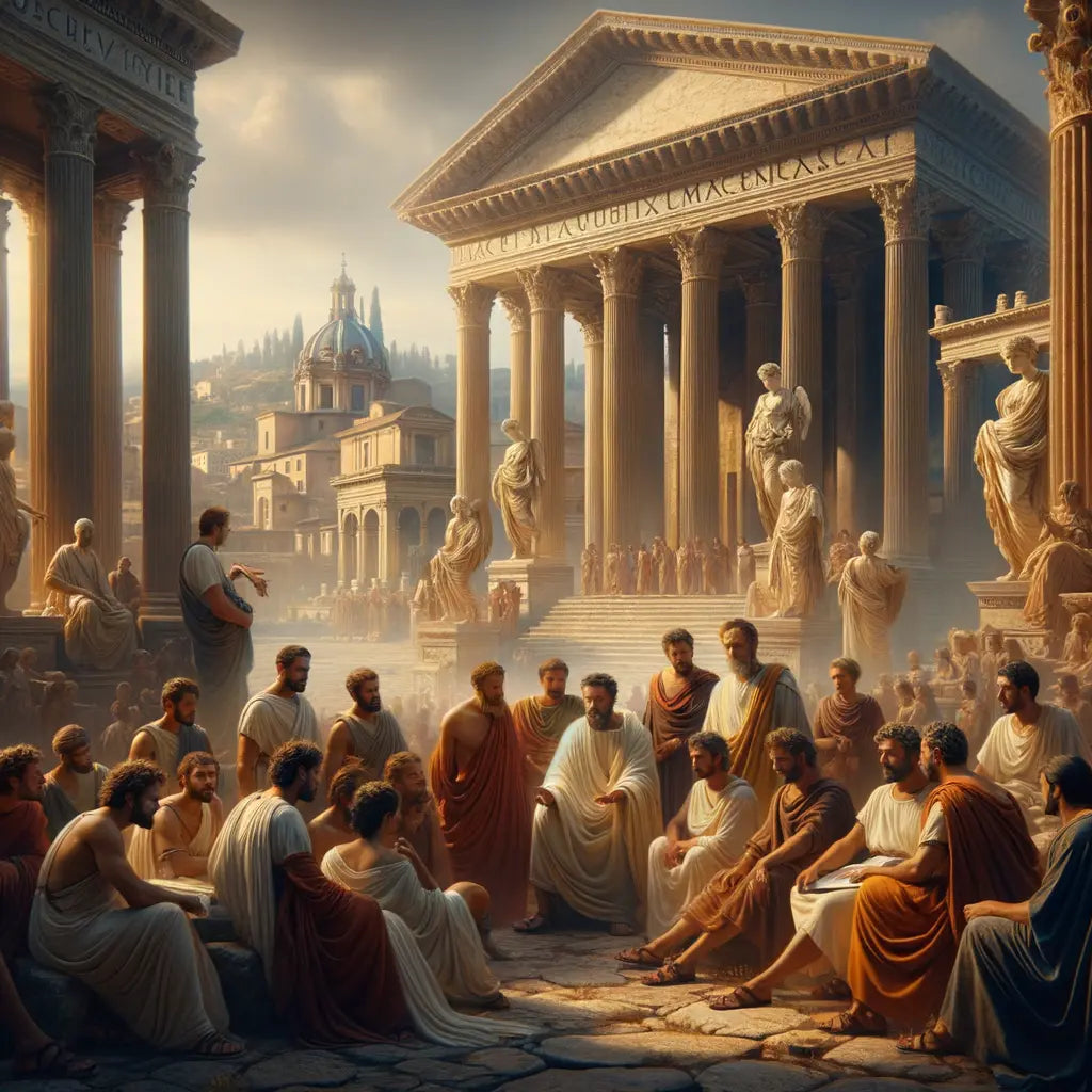 Ancient Rome forum scene with philosophers in animated debate amid grand architecture, evoking 1960s historical film style.