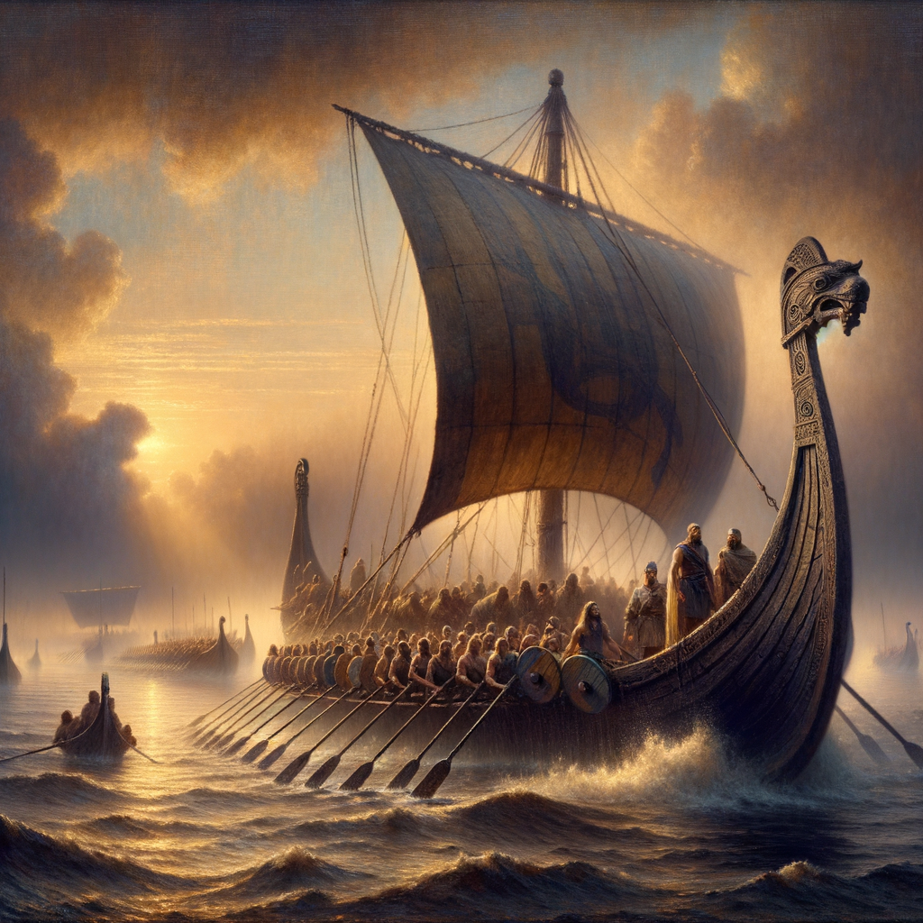 A sleek Viking longship with a dragon-headed prow sailing through misty waters at dawn, crew rowing together in traditional Norse attire.