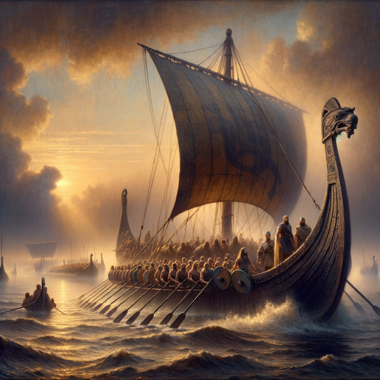 A sleek Viking longship with a dragon-headed prow sailing through misty waters at dawn, crew rowing together in traditional Norse attire.