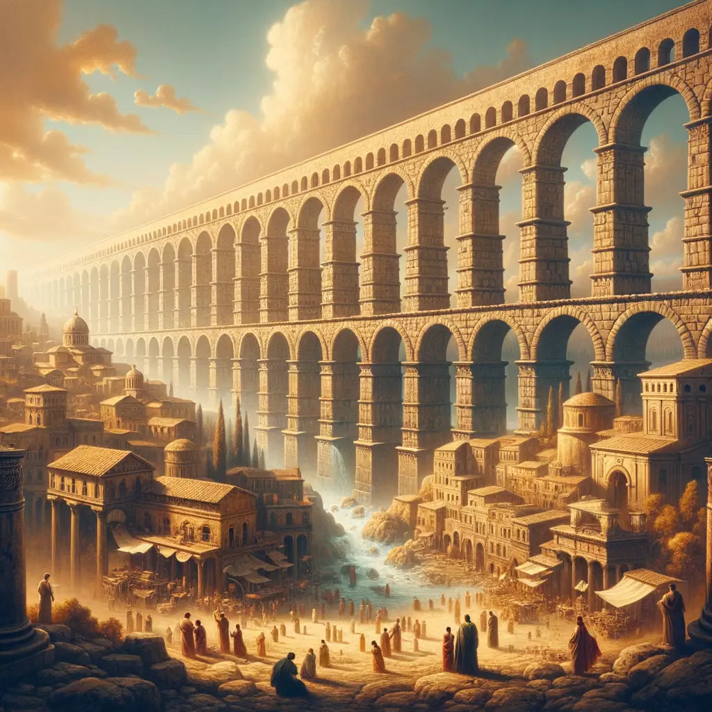 Roman aqueduct arches over a bustling ancient city, inspired by 1960s historical epic films.