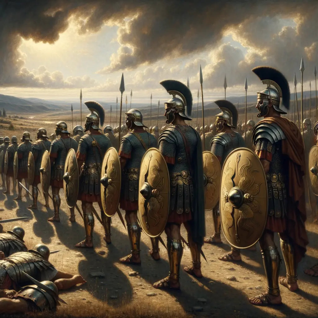 Roman legionaries in varied armor, including lorica hamata, lorica segmentata, and lorica squamata, standing in battle formation in a 1960s epic film style.