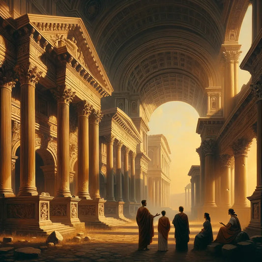 Illustration of ancient Roman architecture featuring Ionic and Corinthian columns with Roman arches and domes, in the style of 1960s historical films.