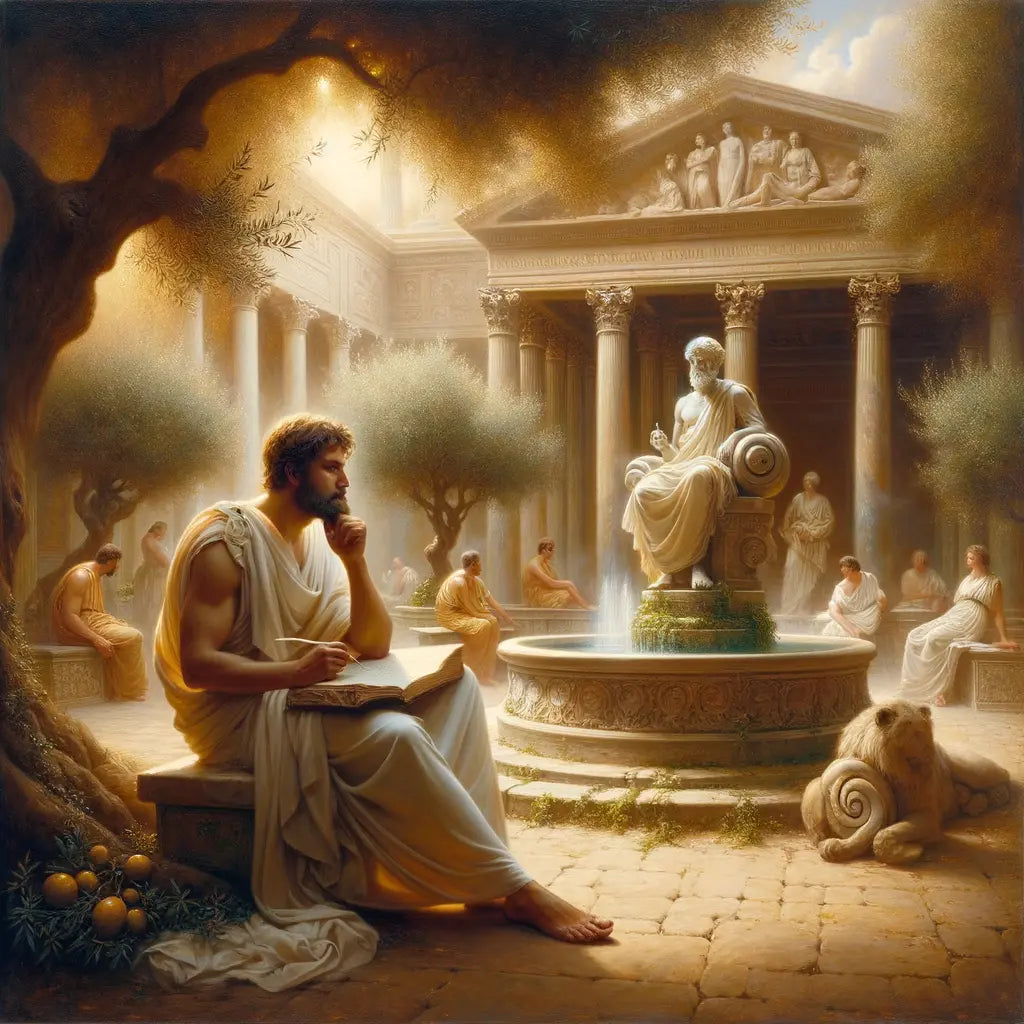 Ancient Roman philosopher in a serene garden, seated in contemplation, captured in the style of classic historical films of the 1960s.
