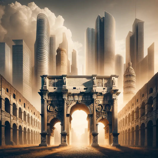 Painting of a majestic Roman arch integrated into a modern skyline, blending ancient architecture with contemporary buildings.