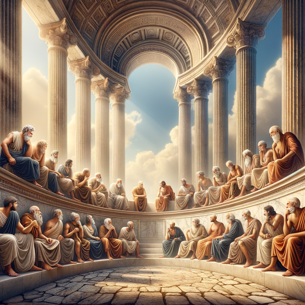 Ancient Greek philosophers in a public forum, engaged in philosophical debate, in the style of 1960s historical films.