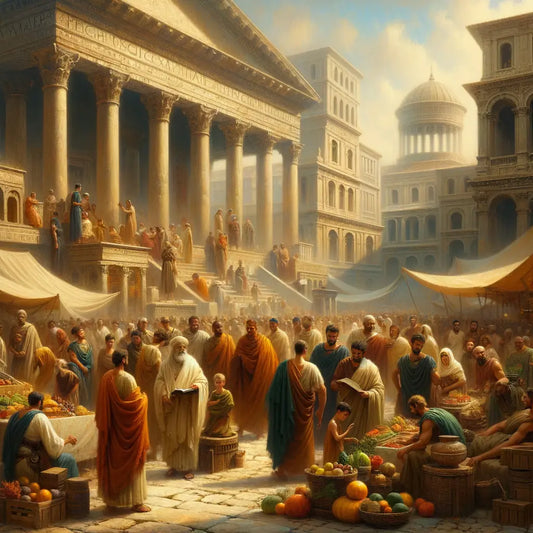 Ancient Romans in diverse togas walking through bustling streets of old Rome, depicted in the style of 1960s historical epics.
