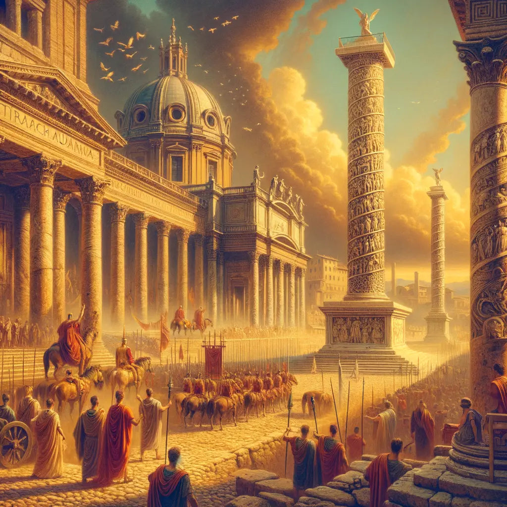 Column of Marcus Aurelius in ancient Rome, showing its spiral reliefs of battles, surrounded by Roman architecture in a 1960s epic film style.