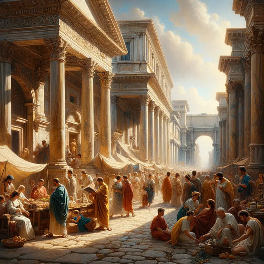 A lively street in Ancient Rome with people of various social classes wearing different kinds of tunics, depicted in the style of 1960s historical films.