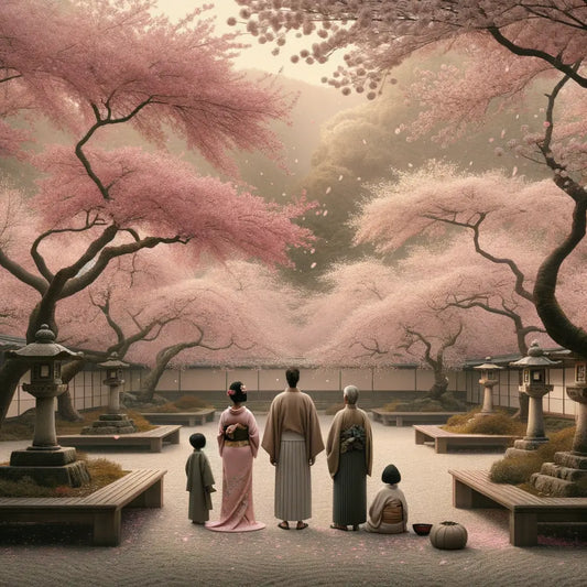 Ein ruhiger japanischer Garten mit blühenden Kirschblüten, bei dem Menschen unter den Bäumen Hanami genießen, minimalistisches und kulturelles Design.