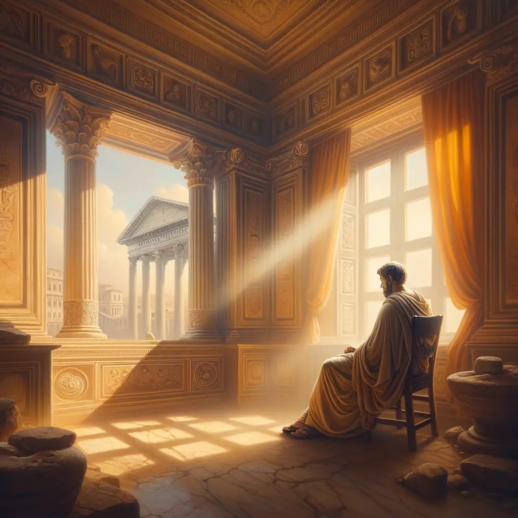 A Roman philosopher meditating by a window with sunlight streaming, in the style of 1960s historical film paintings.