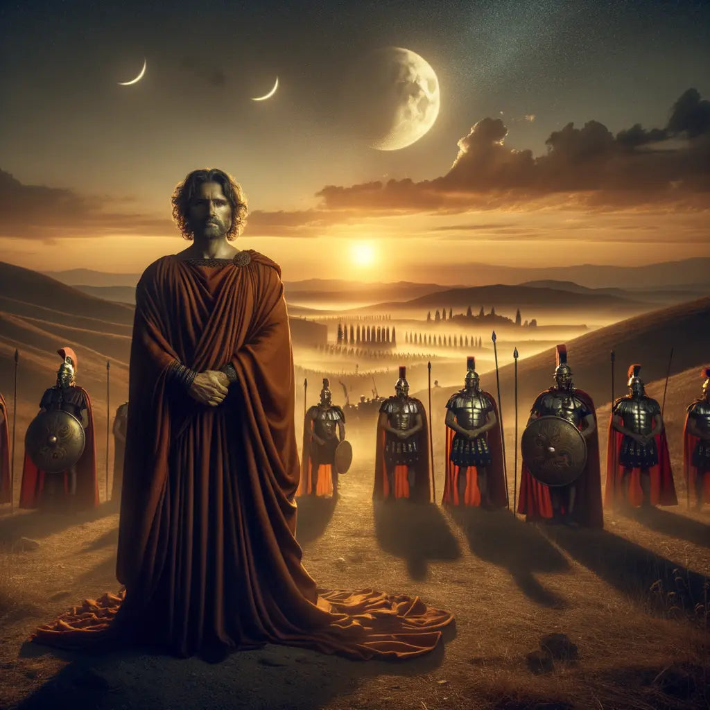 Marcus Aurelius stands calmly on a Roman battlefield at dusk, surrounded by soldiers, embodying philosophical balance in a 1960s historical film style.