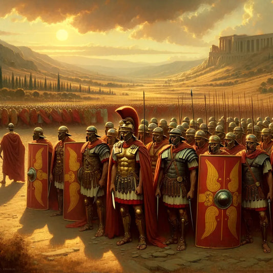 Roman soldiers in testudo formation on an ancient battlefield, ready to face an adversary, inspired by 1960s historical epic films.