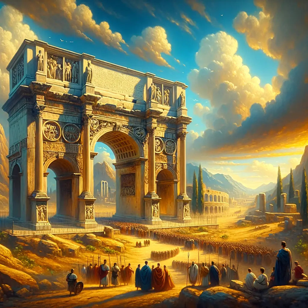 Ancient Roman arch under a radiant sky, framed by historical Roman landscapes, evoking the grandeur of 1960s historical films.