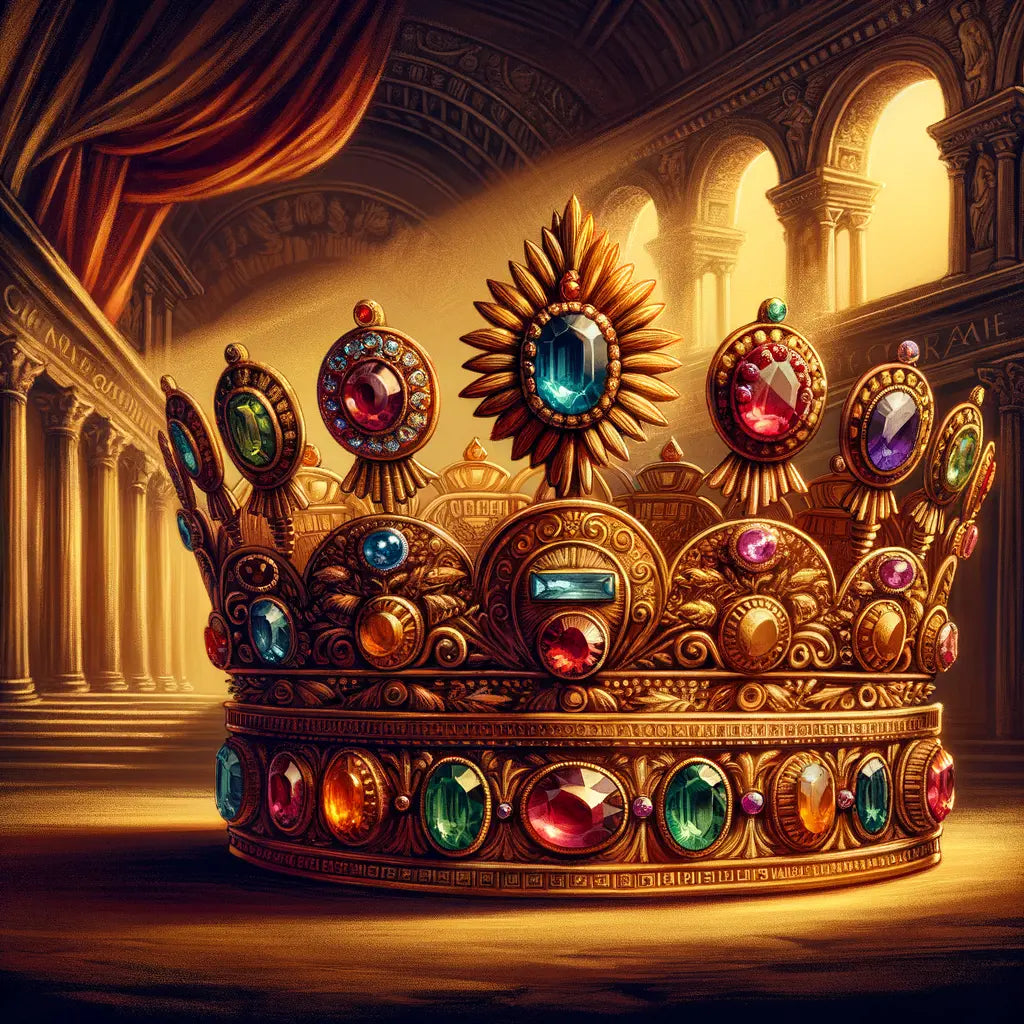 Intricately designed ancient Roman gold crown adorned with colorful gemstones, symbolizing power and authority.