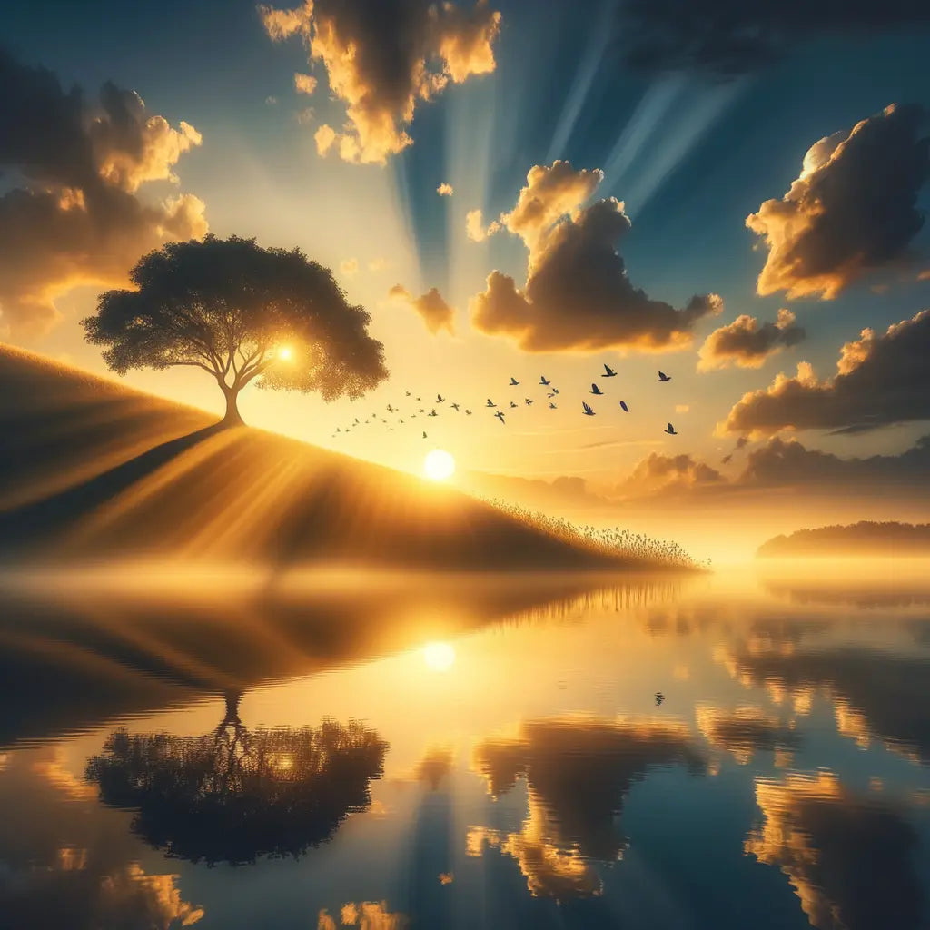 A cinematic painting of a sunrise over a peaceful lake with a solitary tree on a hill.