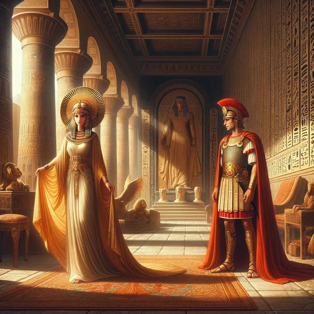 Cleopatra elegantly steps out from a carpet before Julius Caesar in an opulent Egyptian palace setting, inspired by 1960s historical epic style.