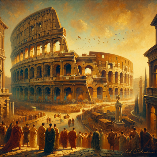 The Colosseum juxtaposed with hints of a modern city, blending ancient history with subtle modern tourism in cinematic style.