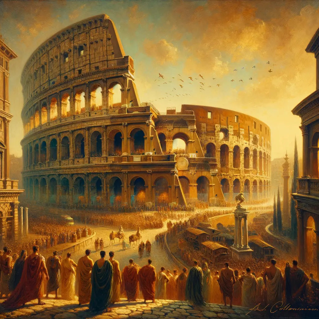 The Colosseum juxtaposed with hints of a modern city, blending ancient history with subtle modern tourism in cinematic style.