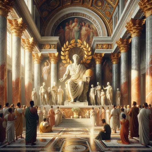 Majestic Roman emperor sculpture in an ancient villa, highlighting sovereignty and artistry, inspired by 1960s historical film aesthetics.